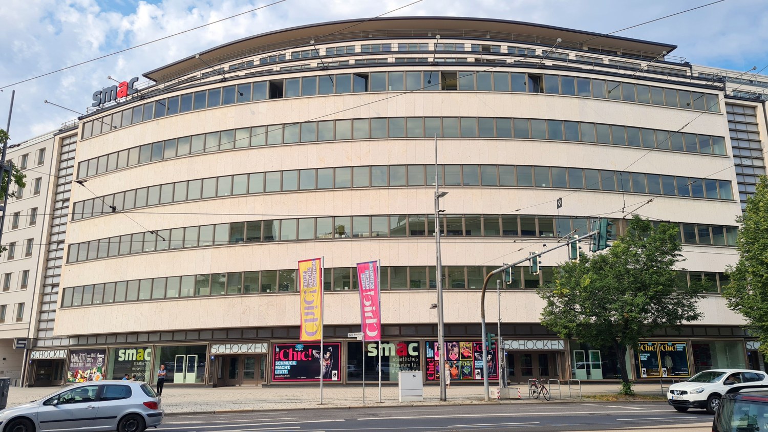 The curved façade of the former Schocken department store, now smac